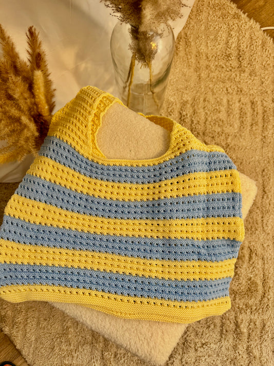 Sac tricot jaune et bleu